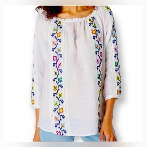 J. Jill Tops - J Jill linen embroidered flowy whimsical white floral blouse size L luxury chic